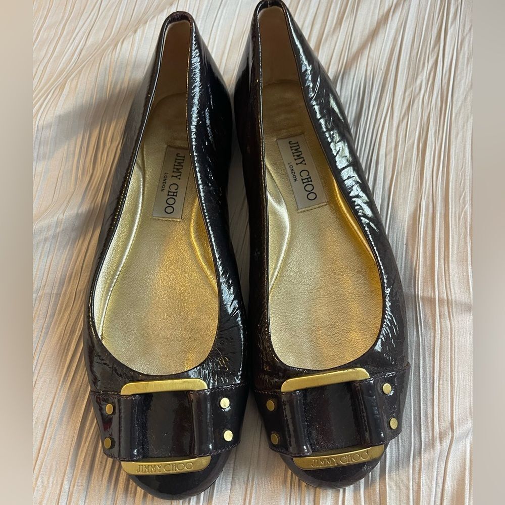 JIMMY CHOO Morse black patent leather ballet flats shoe, size 38 1/2 US size 8.5
